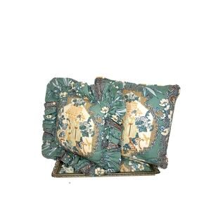 Set of Two Rare Sage Green Japanese Geisha Throw Pillows Chinioserie Garden